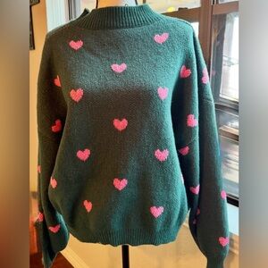 SHEIN Dark Green Sweater with Pink Heart Accents